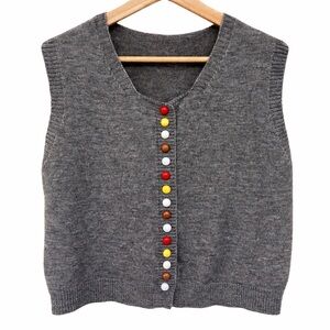 Retro Gray Sweater Vest Colorful Button Knit Preppy Medium